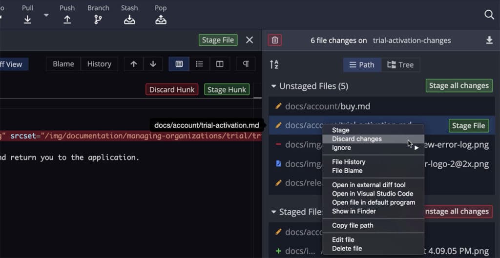 Discarding changes in GitKraken