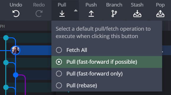 Git pull remote branch fast forward if possible option selected in GitKraken Client