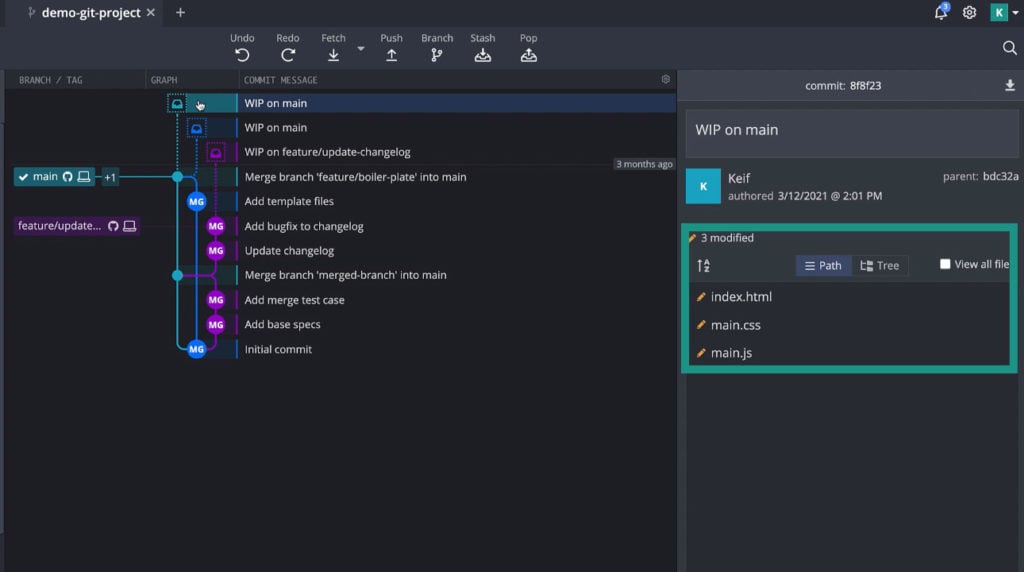 gitkraken making stash show contents in the right panel