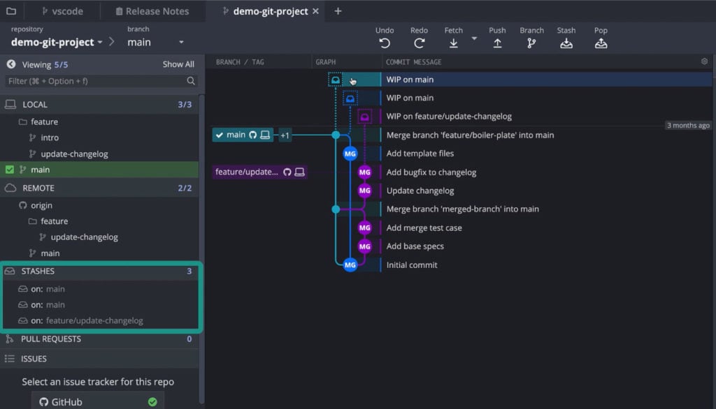 Stashes shown in the left panel of GitKraken