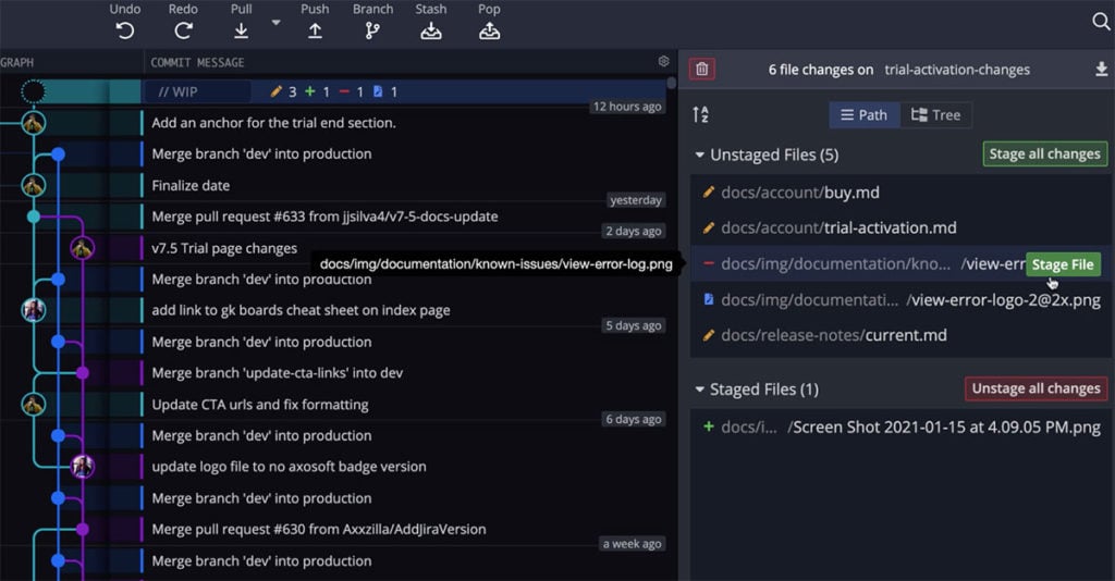 Staging a file in GitKraken