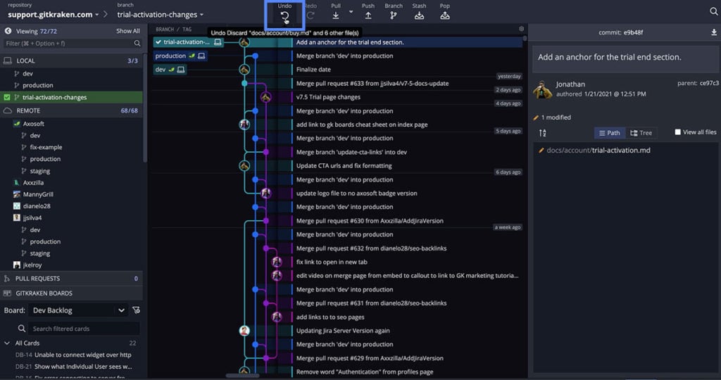 Undo button in GitKraken in action