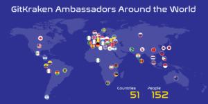 World map showing 51 country flags where the 152 GitKraken Ambassadors are based