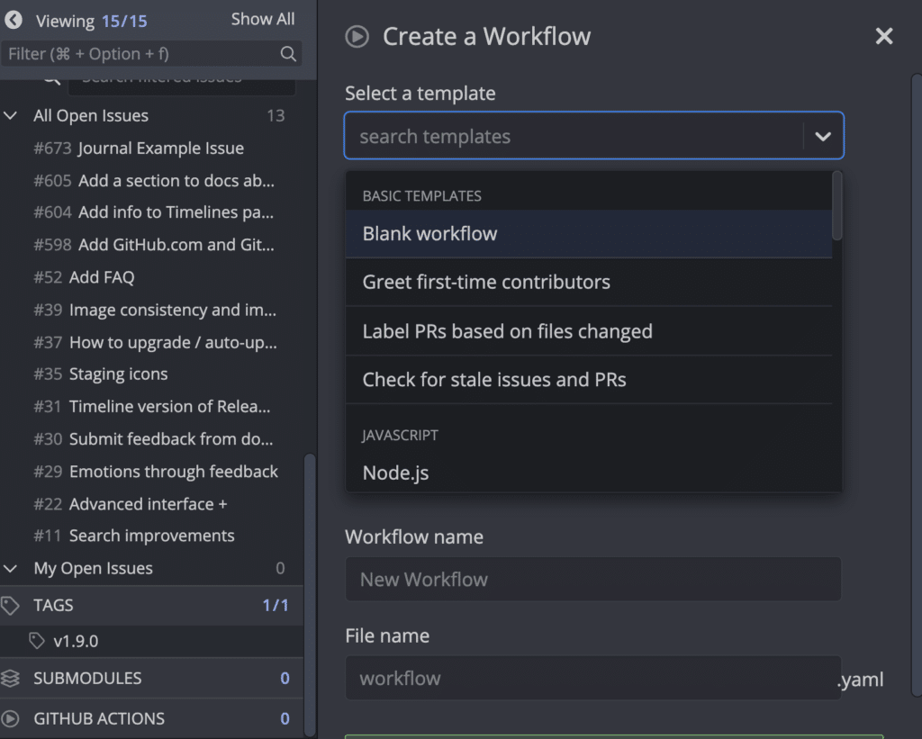 GitHub Actions menu in GitKraken showing templates