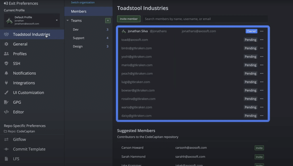 GitKraken user profile view showing an example Organization named Toadstool Industries