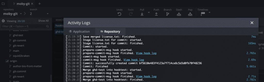 Git Hooks messages shown in GitKraken Logs