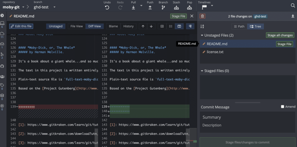 GitKraken unstaged vs staged file view