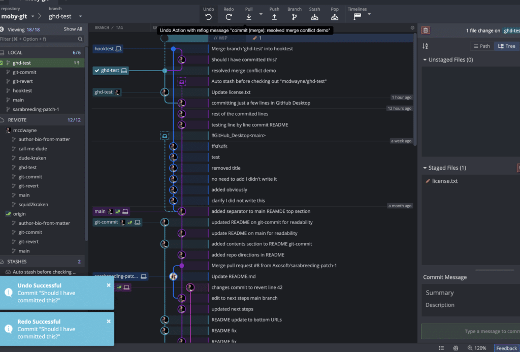 GitKraken undo and Redo in action