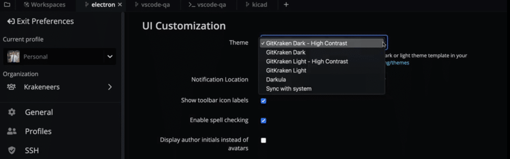UI Customization menu in GitKraken Client showing off all 4 default theme options and a new custom one called Darkula