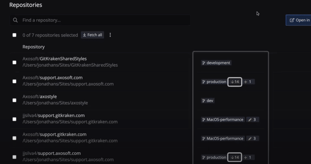 GitKraken Workspaces showing how far ahead or behind the current branch is from the remote