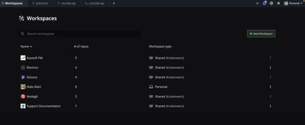 GitKraken WorkSpaces tab in the GitKraken Client