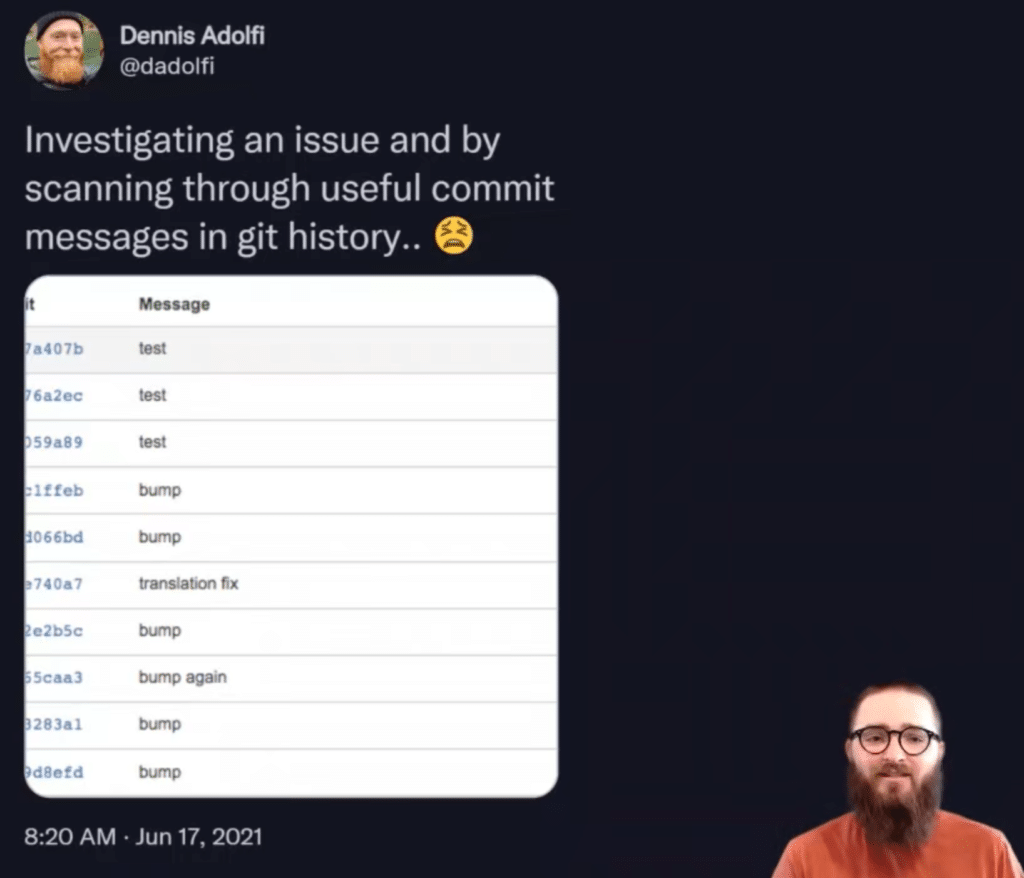 An example commit history with poor commit messages shown in a tweet
