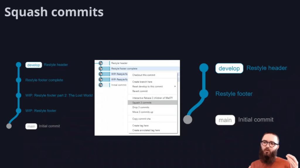 Joe Glombek illustrates what Git squash does by combining 3 commits using GitKraken Client