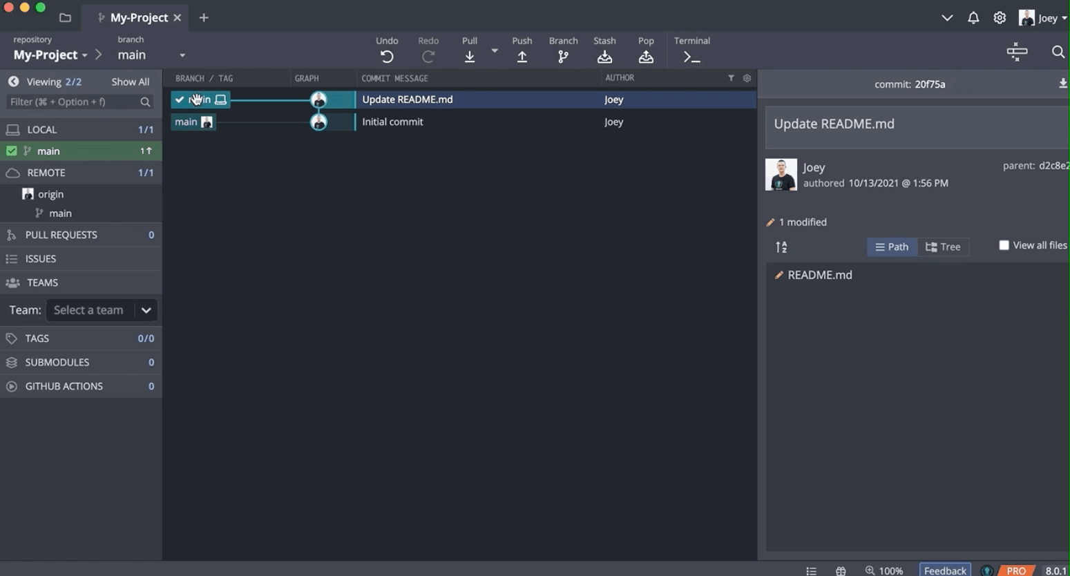 GitKraken Client GUI view pushing with the GUI provided button 