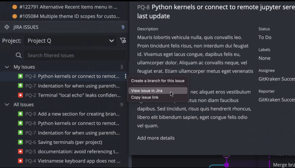 vertical ellipse menu in the issue tracker panel showing option to Create a branch for this issue, view issue in Jira, or copy issue link