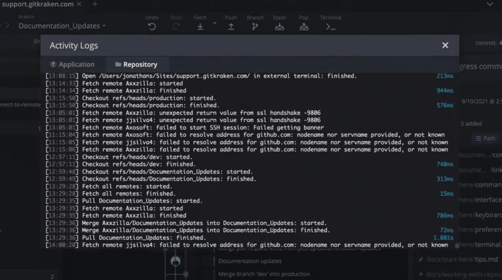 GitKraken Client activity Logs