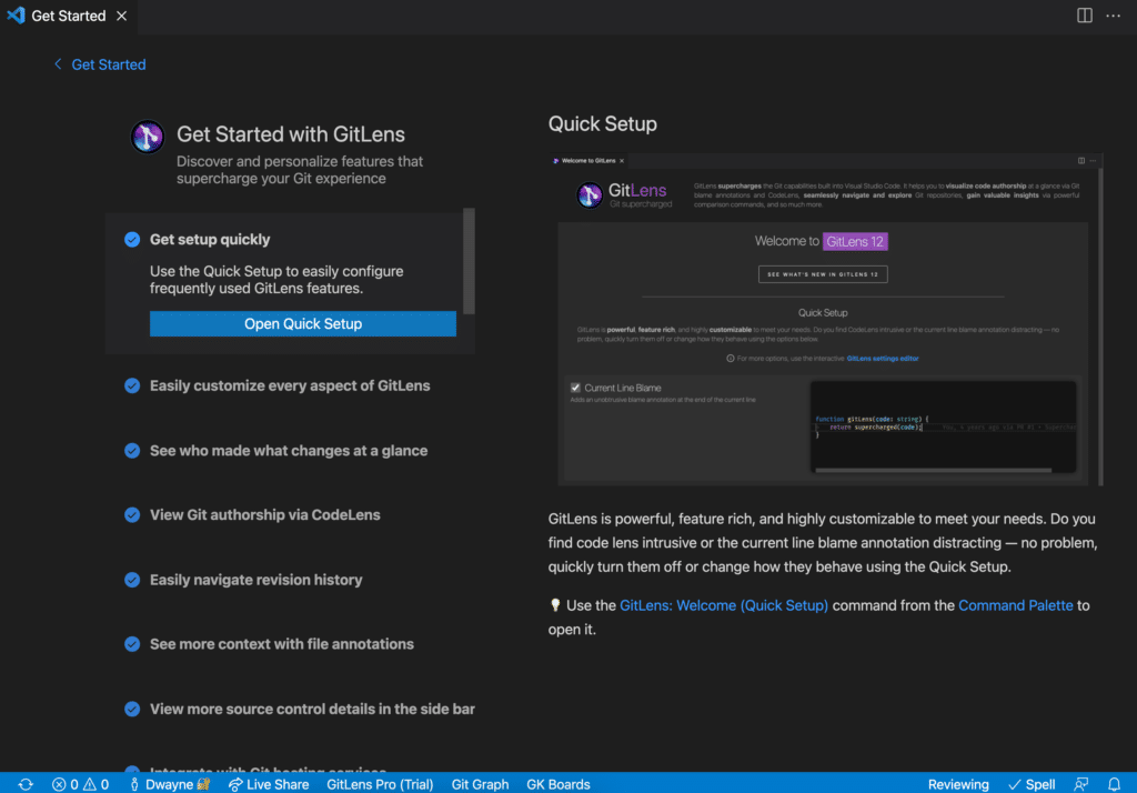 GitLens Get Started Quick Setup walkthrough