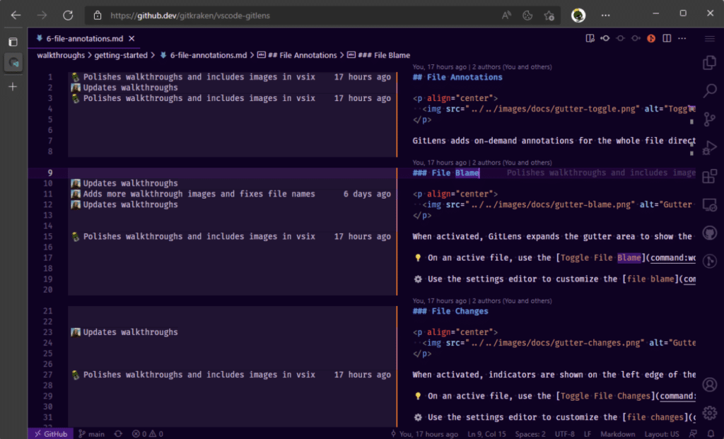 Alt: GitLens File Blame View in VS Code for the Web, used on github.dev