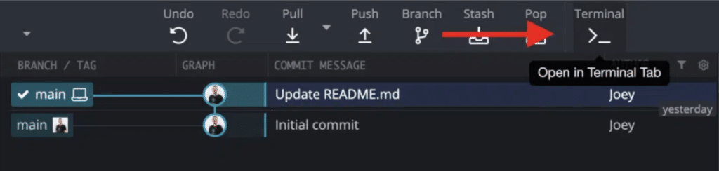 Image of GitKraken Client top toolbar with a red arrow pointing to the Terminal Tab