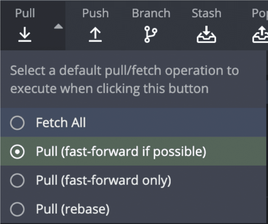 Image of dropdown menu from the pull button using GitKraken Client Git GUI