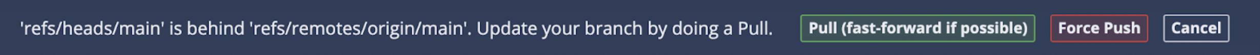 Image of notification shown when trying to git push force using GitKraken Client's Git GUI