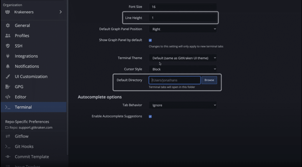 Terminal Tab options added to the GitKraken Client preferences menu