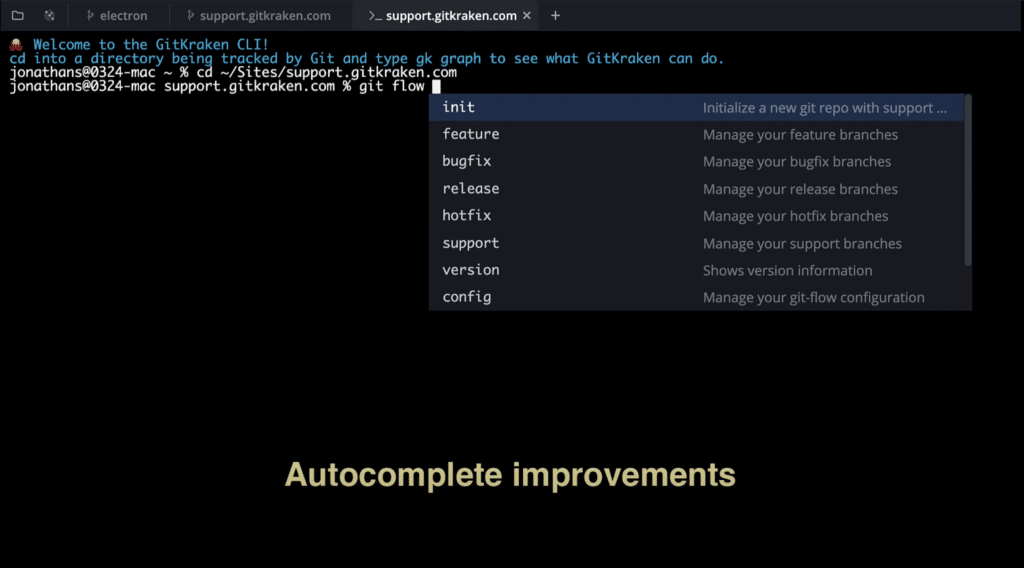 Autocomplete suggestions for git flow