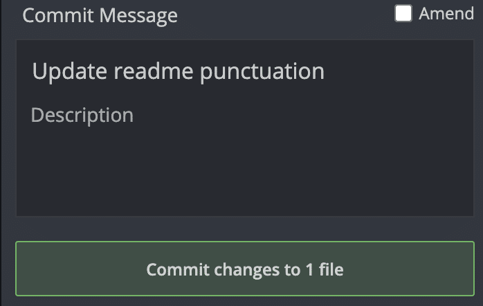 Git commit message with the text, “Update readme punctuation".