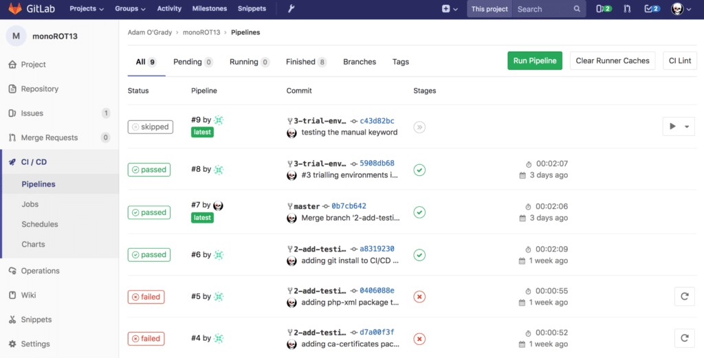 A list of pipelines in GitLab CI/CD that have or or are currently running.