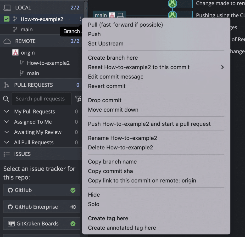 Image depicts the dropdown options available when the ellipses are selected for a branch