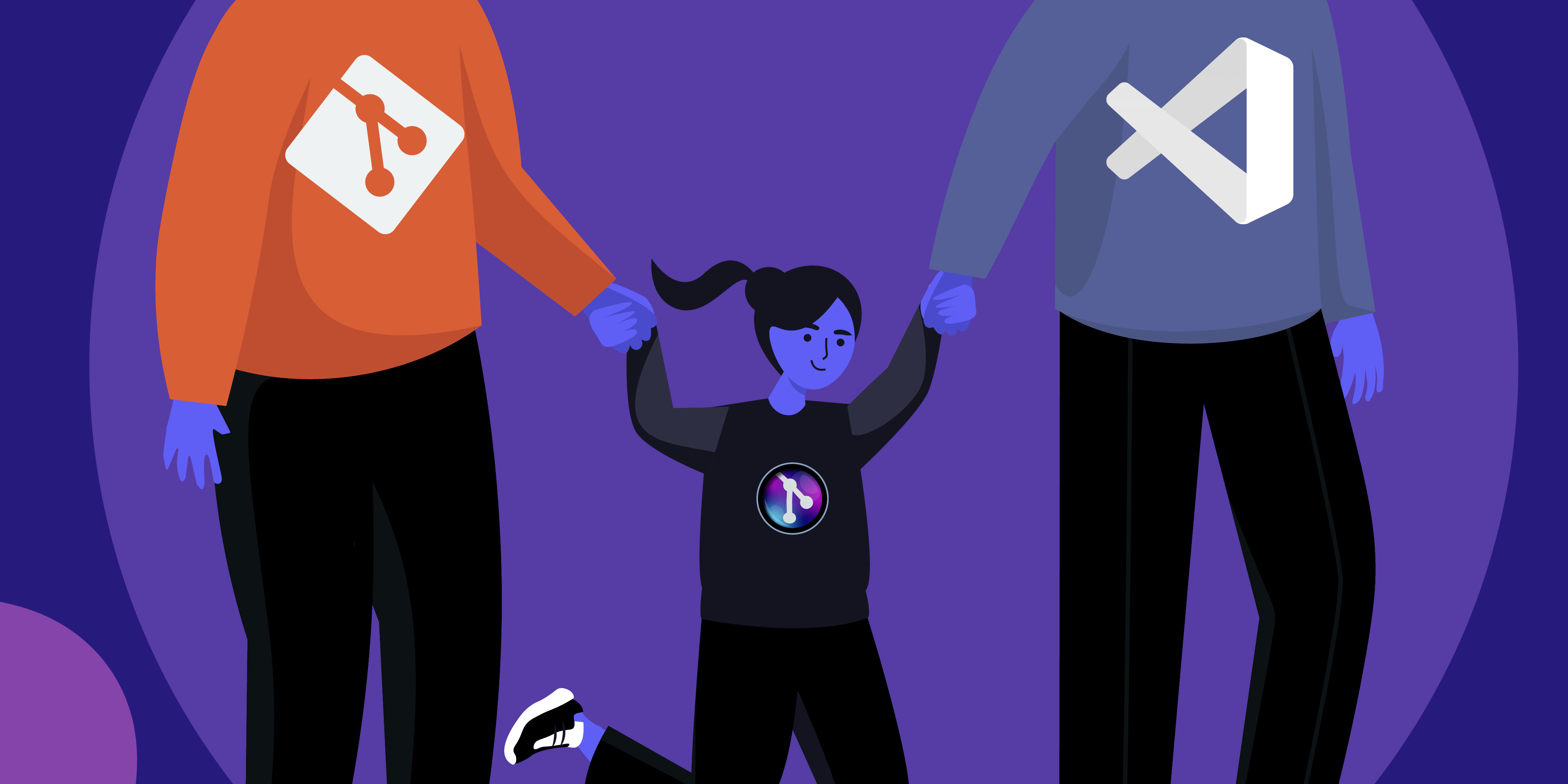Child with a GitLens shirt on holding hands with 2 adults wearing a Git shirt and a VS Code shirt.