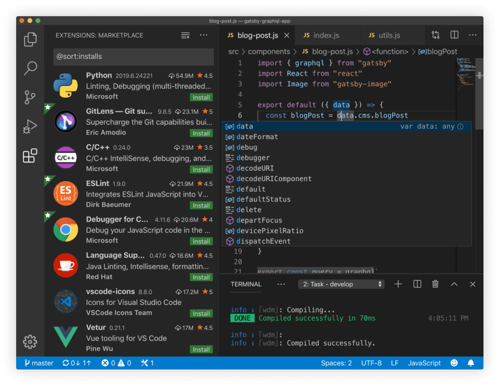Visual Studio Code screen with a variety of integrations displayed on the left panel including GitLens and a project where someone is writing code in the right panel.