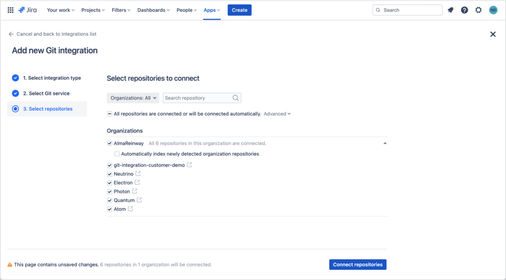 Select repositories to connect to integrations in Git Integration for Jira Cloud