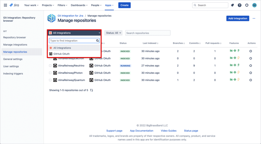 Filter integrations, filter by status, and search for the names of repositories in Git Integration for Jira Cloud.