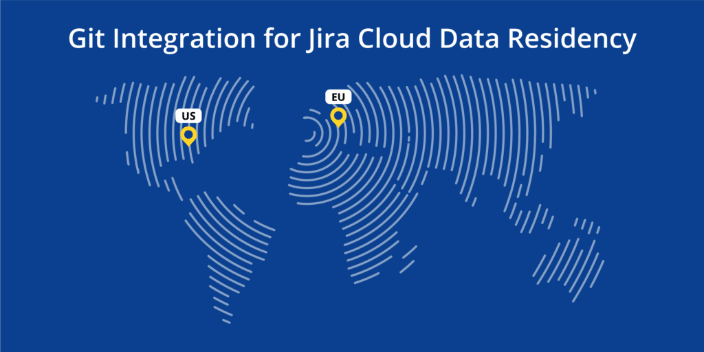 "Git Integration for Jira Cloud Data Residency" showing the US region in AWS Ohio and the EU region at AWS Frankfurt.