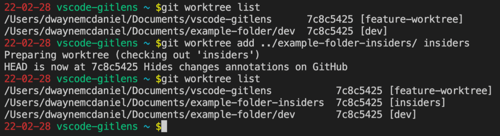 git worktree add ../example-folder-insiders/ insiders and running a git worktree list to verify the addition