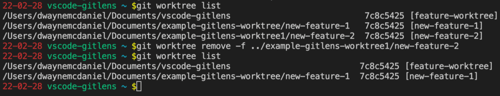 git worktree remove -f ../example-gitlens-worktree1/new-feature-2