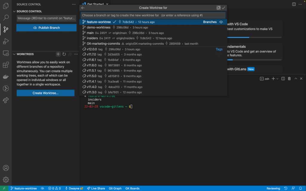 GitLens Worktree menu adding a new entry
