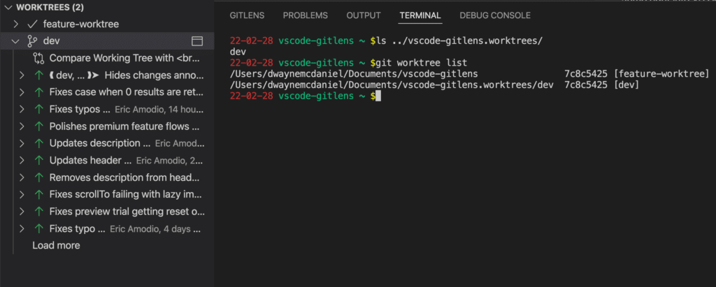 GitLens Worktree showing the newly added dev worktree entry and confirming using git worktree list