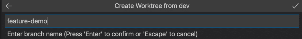 GitLens showing the Create Worktree from <branch-name> drop down menu in the command palette