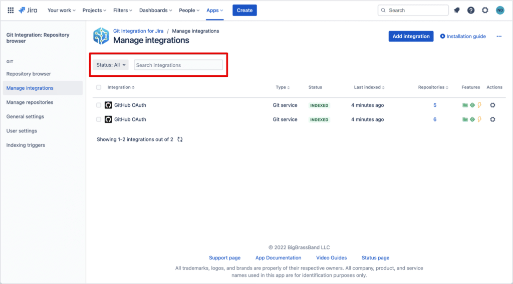 New options to filter integrations by name and status in Git Integration for Jira