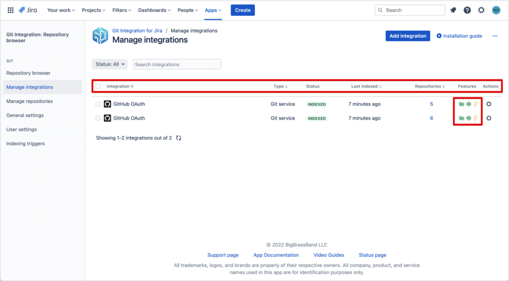 New settings for managing integrations in Git Integration for Jira Cloud