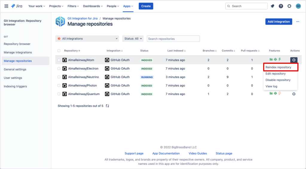 The "Manage repositories" dashboard in Git Integration for Jira now provides the ability to reindex and disable repositories