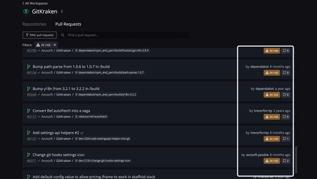 showing at risk pull requests in GitKraken Client Workspaces