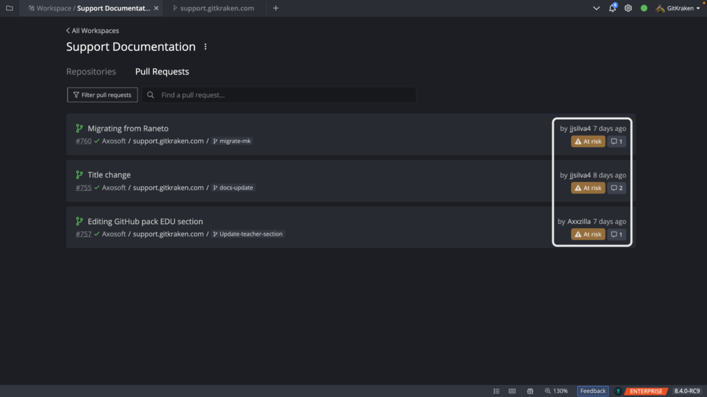 "At Risk" pull requests in GitKraken Workspaces