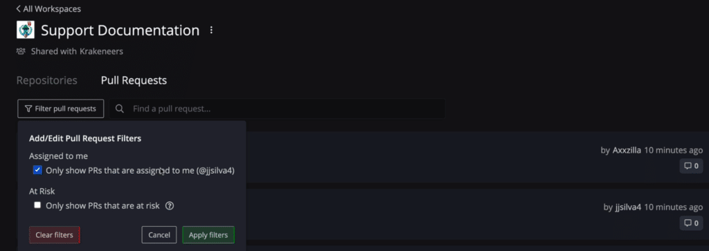 Filtering the 'Assigned to me' pull requests in the Workspaces Tab in GitKraken Client