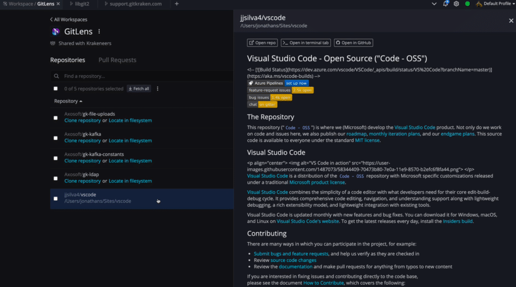 GitKraken Client Workspaces repo details view