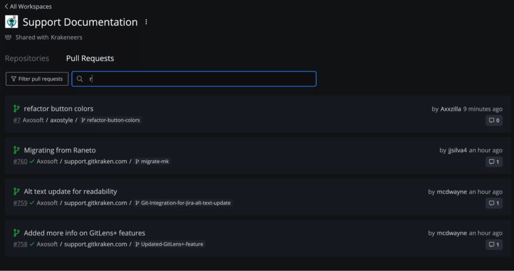 GitKraken Client Workspaces Pull Request View