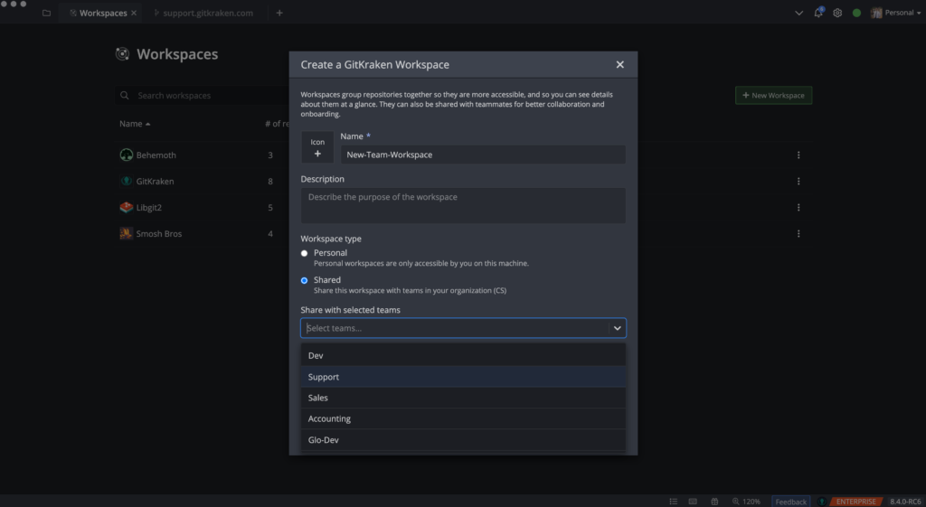 sharing team workspaces in GitKraken Client
