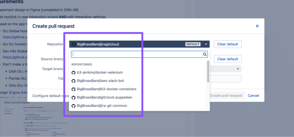 Image shows Git repository breadcrumbs in Git Integration for Jira